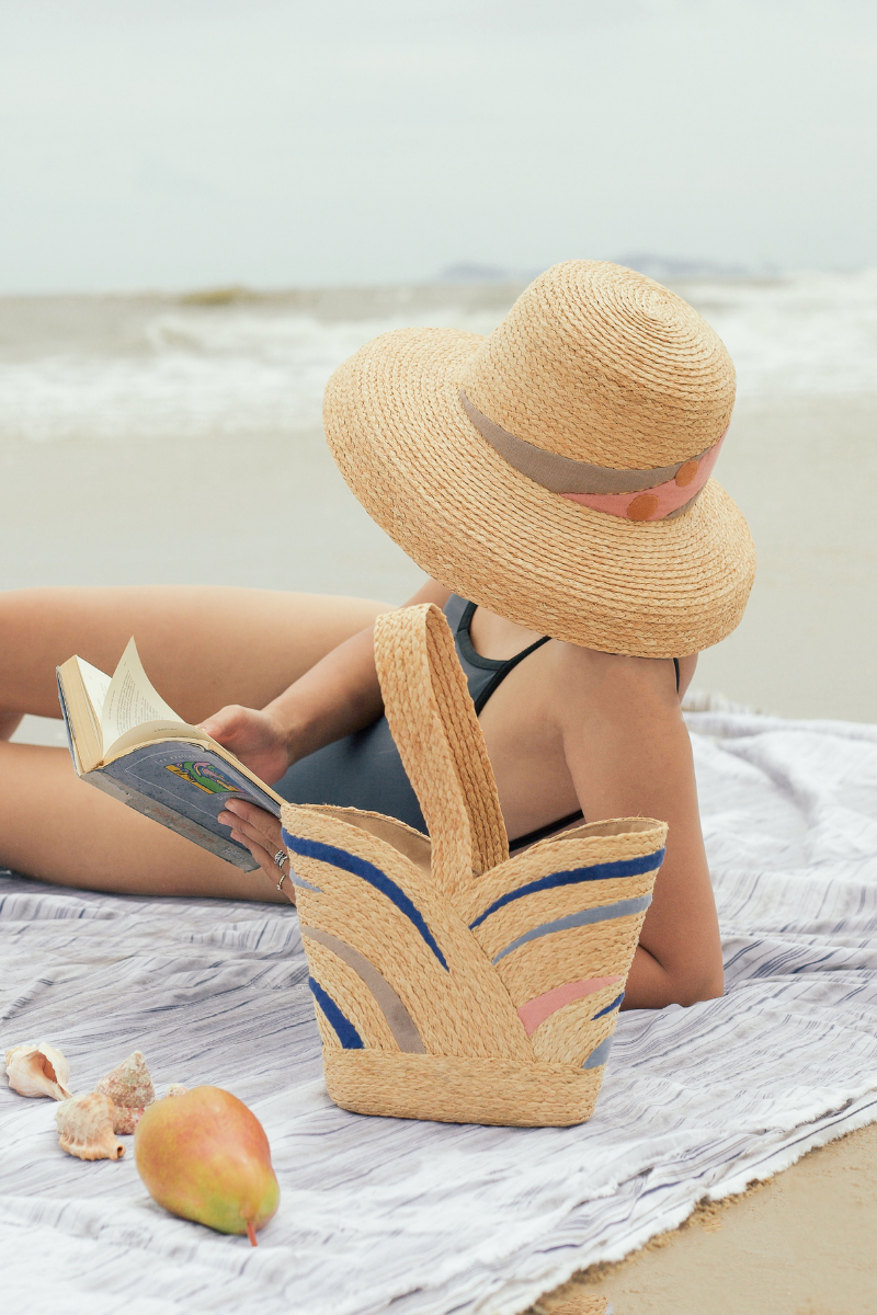 Clémentine raffia downturn brim hat with hand-sewn fabric details in 3 warm color