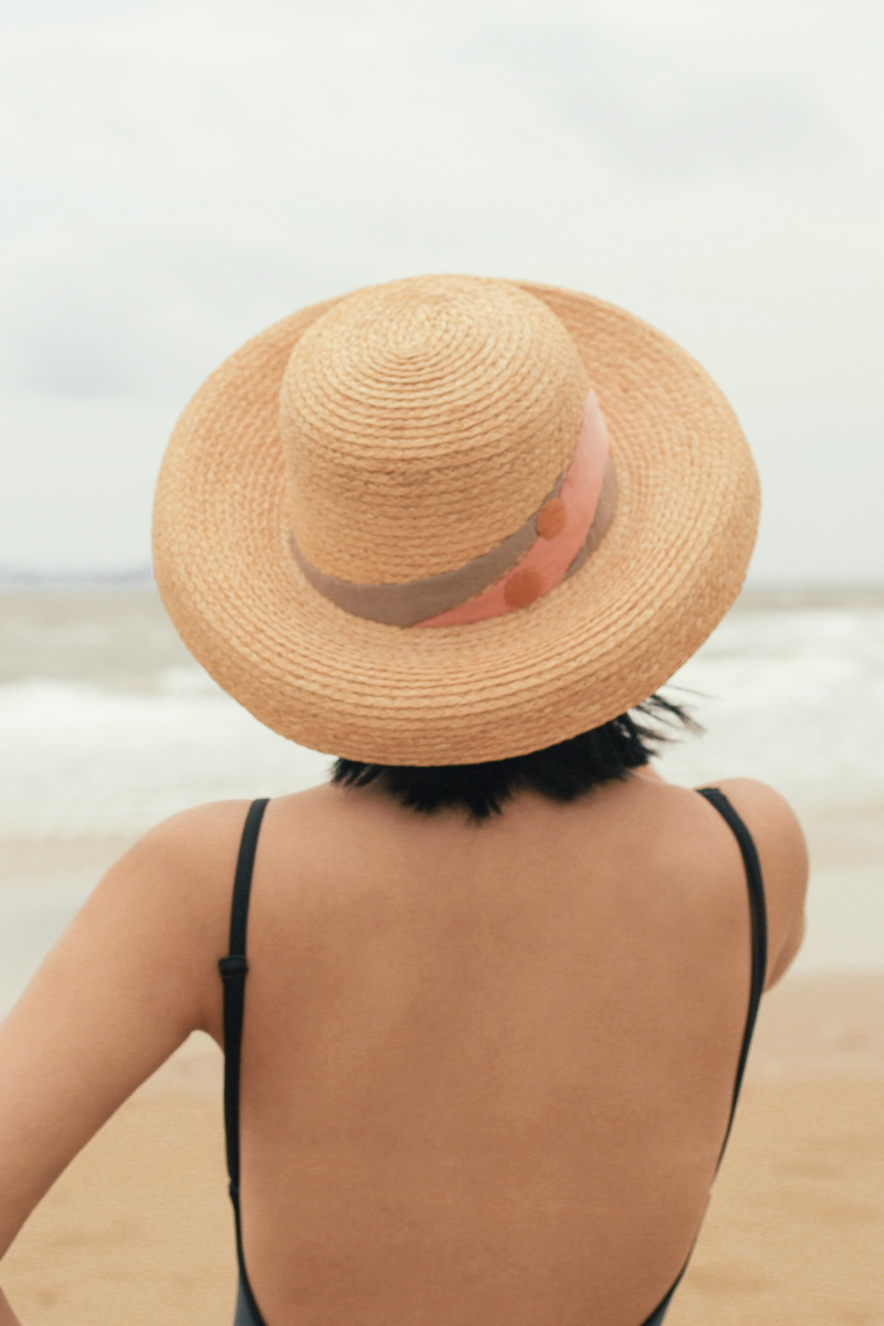 Clémentine raffia downturn brim hat with hand-sewn fabric details in 3 warm color