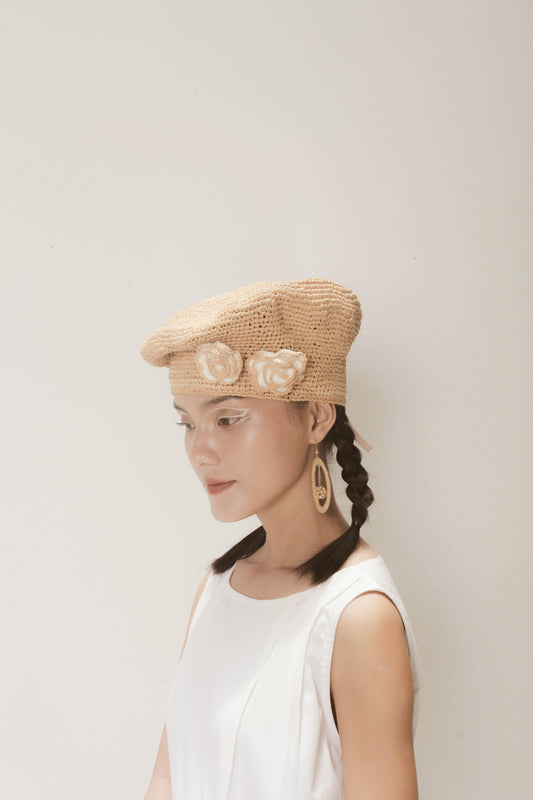 Rose handwoven raffia beret