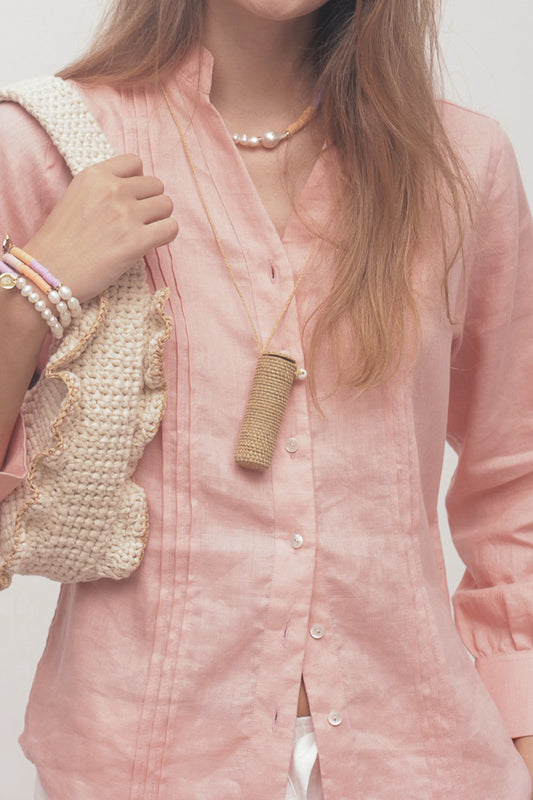 Pixeli Lipstick necklace raffia bag