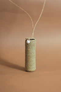 Pixeli Lipstick necklace raffia bag