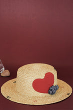 Load image into Gallery viewer, Raffia boater hat in limited edition with heart and rose decoration