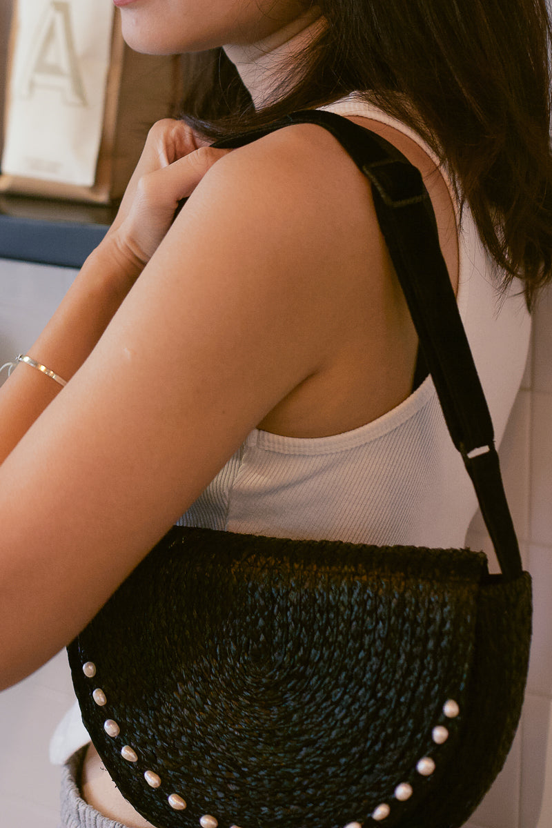 Aurora black raffia shoulder bag