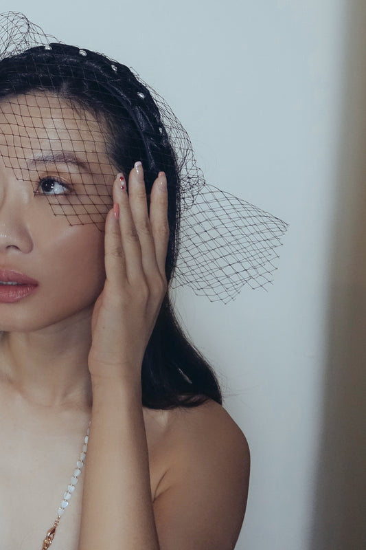 Love pearl embellishment black fascinator headband