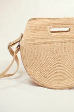 Load image into Gallery viewer, Marjolie bag, When you look at marjorlie you can think of pictures of faces. The curve of the bag is sewn smooth. The outer surface is natural raffia knit creating a balance between color and shape. Thick lining.Formscape, Raffia, soft moon light, Eco luxury